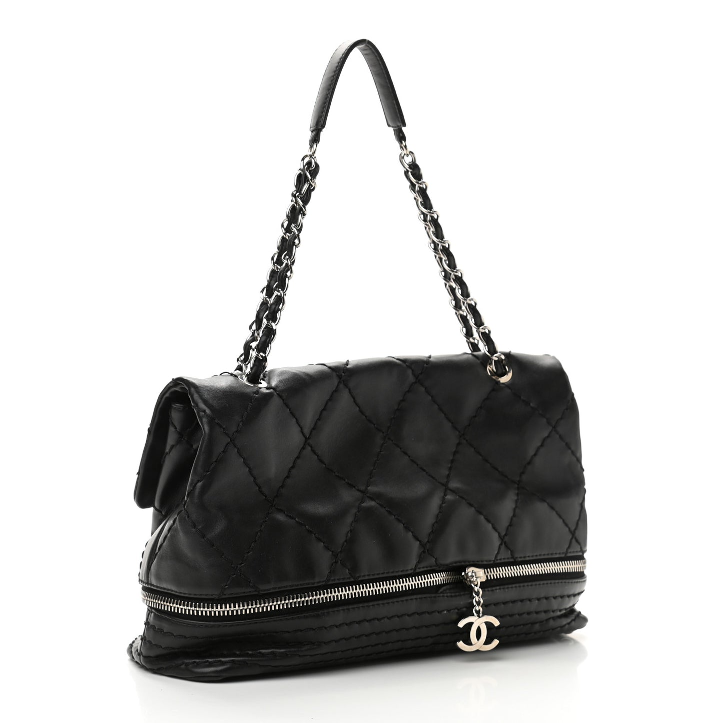Calfskin Stitched Large Expandable Flap Bag Black