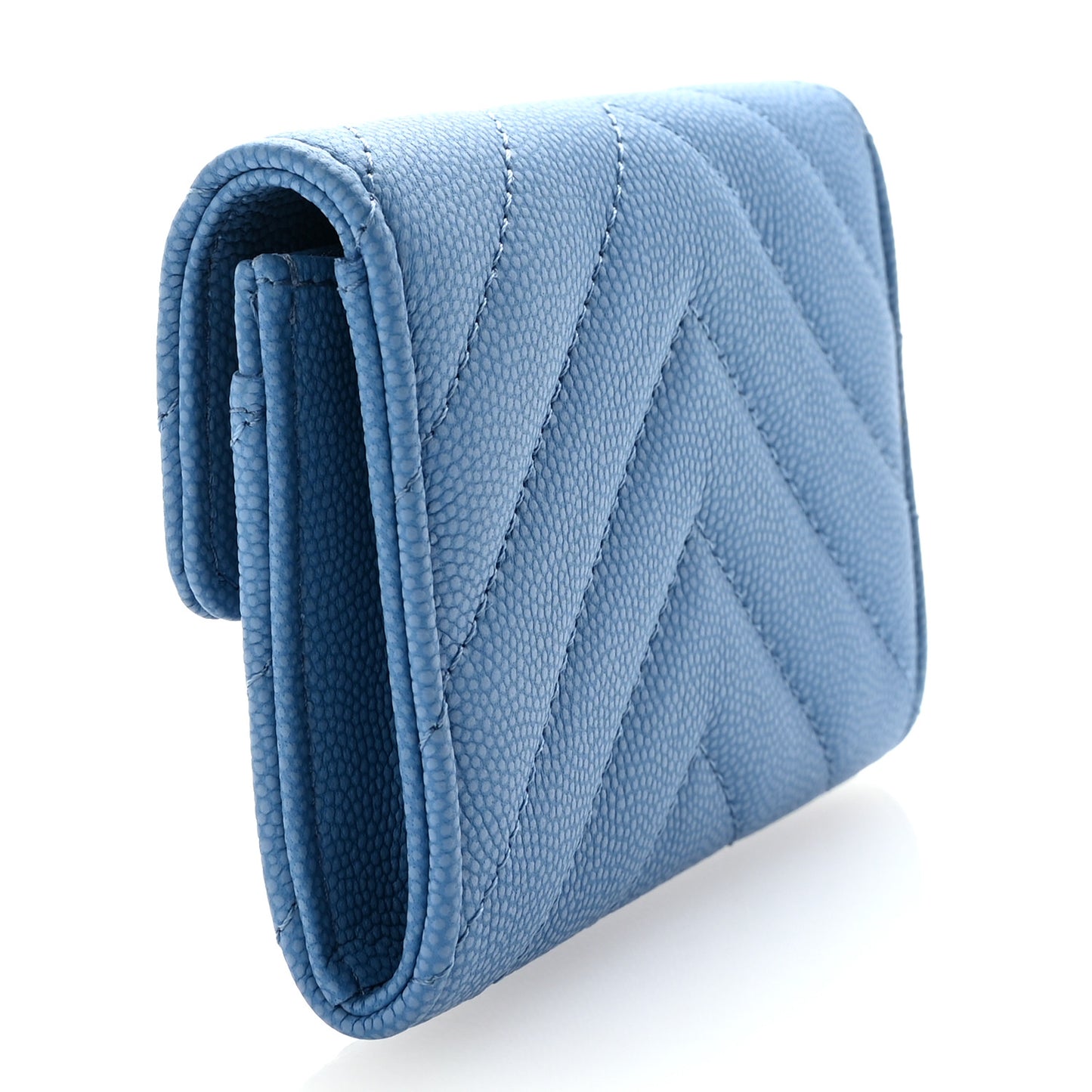 Caviar Flat Chevron Quilted Flap Card Holder Wallet Blue