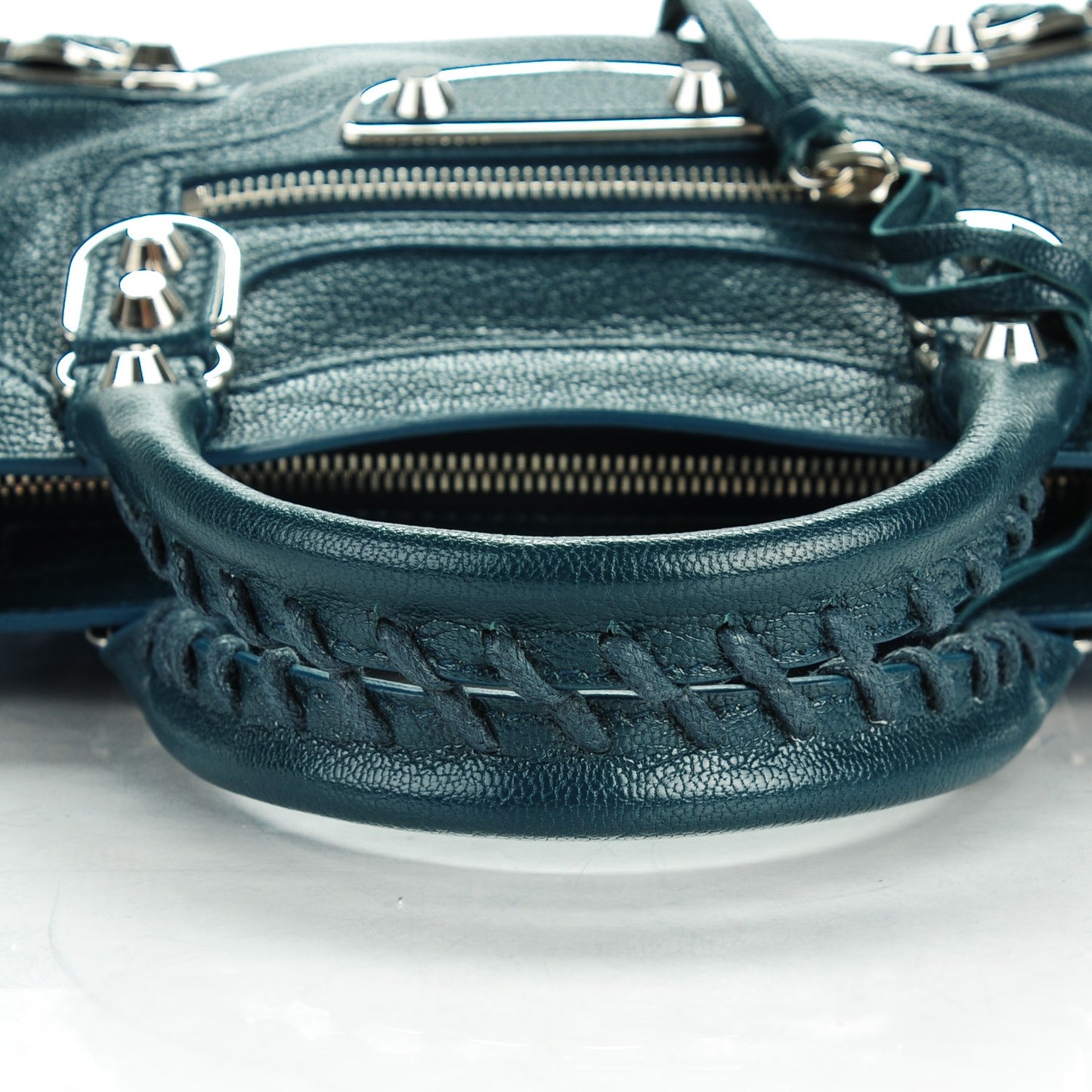 Chevre Silver Metallic Edge Hardware Mini City Bleu Paon