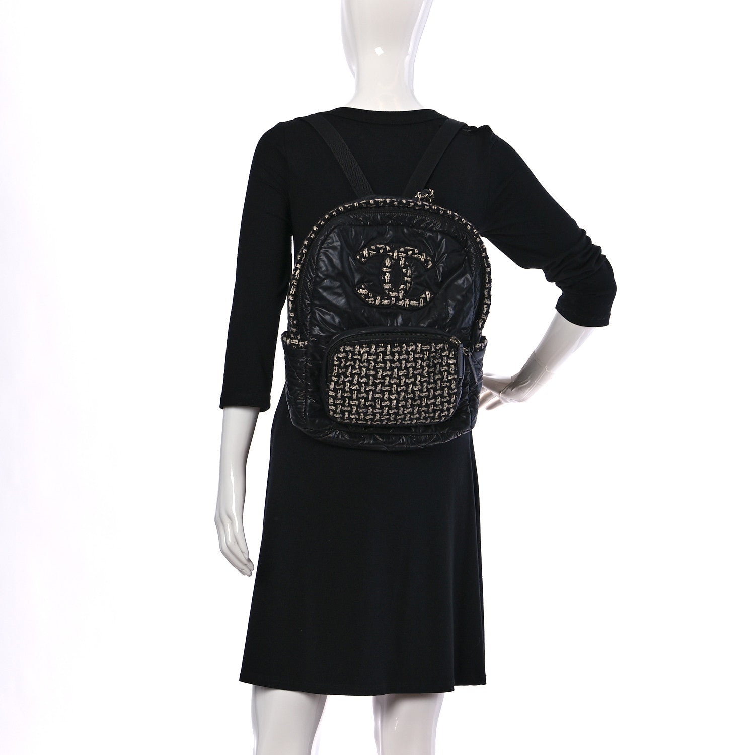 Chanel Nylon Tweed CC Backpack Black White 2 of 9