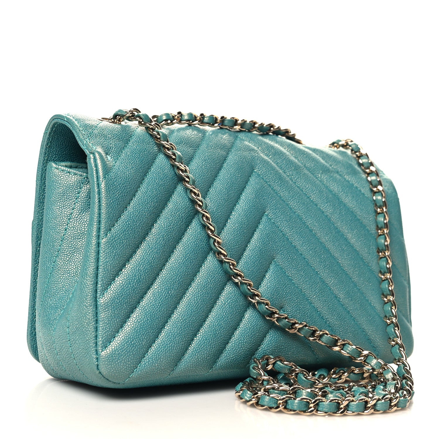 Chanel Caviar Chevron Quilted Small Statement Flap Turqouise 3 of 12