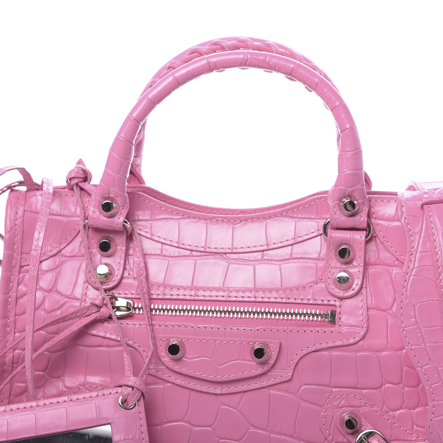 Shiny Supple Calfskin Crocodile Embossed Classic Silver Hardware Mini City Baby Pink