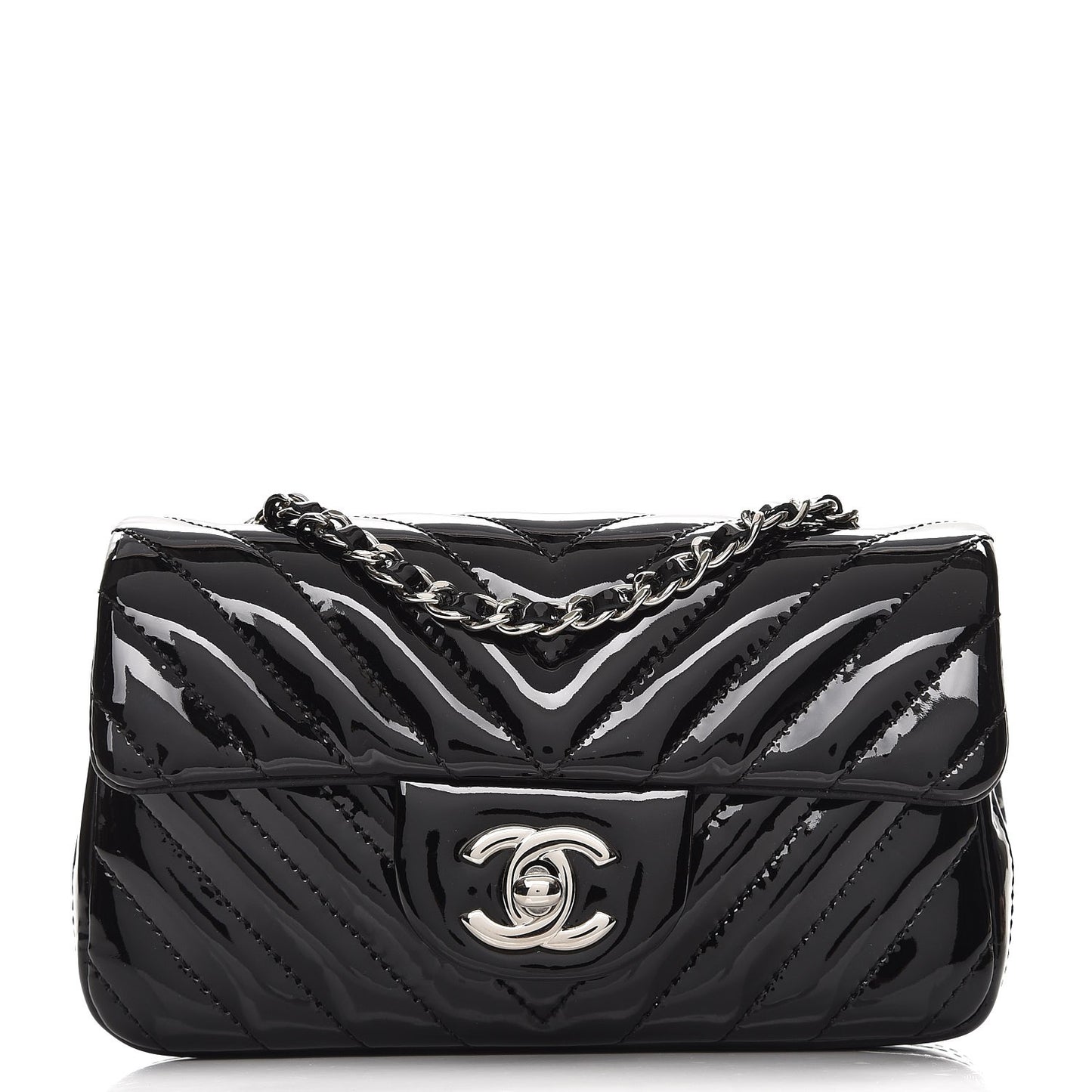 Patent Calfskin Chevron Quilted Extra Mini Flap Black
