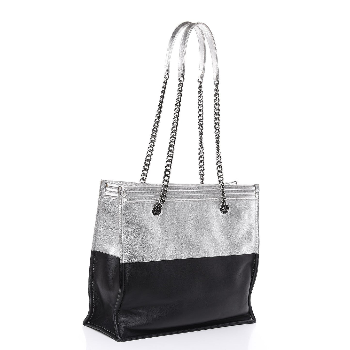 Metallic Goatskin Calfskin Bi-Color Large Boy Tote Black Silver
