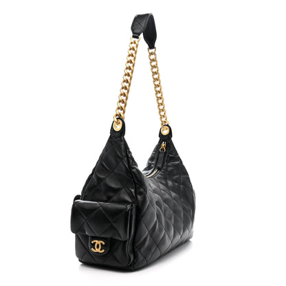Chanel Shiny Lambskin Quilted Trendy Pockets Hobo Black 3 of 10