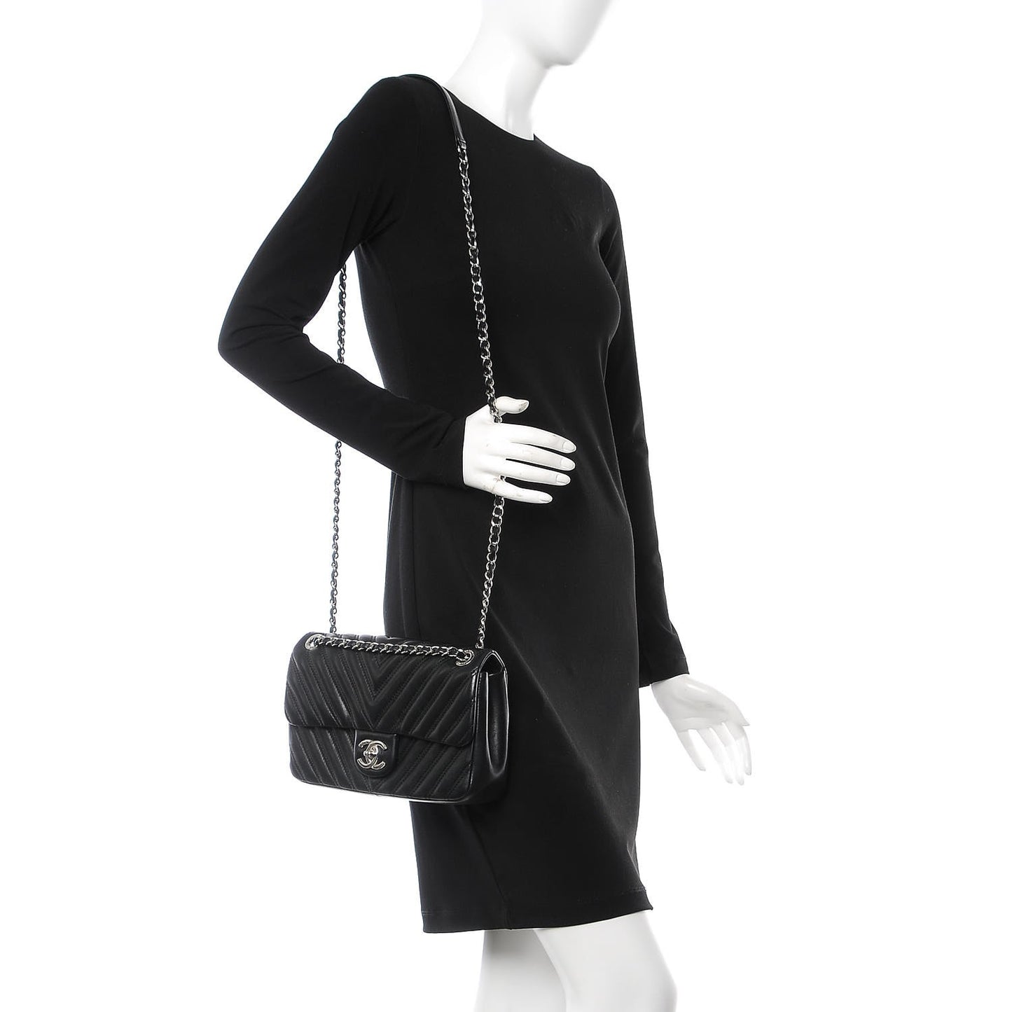 Lambskin Chevron Double Stitch Medium Single Flap Black
