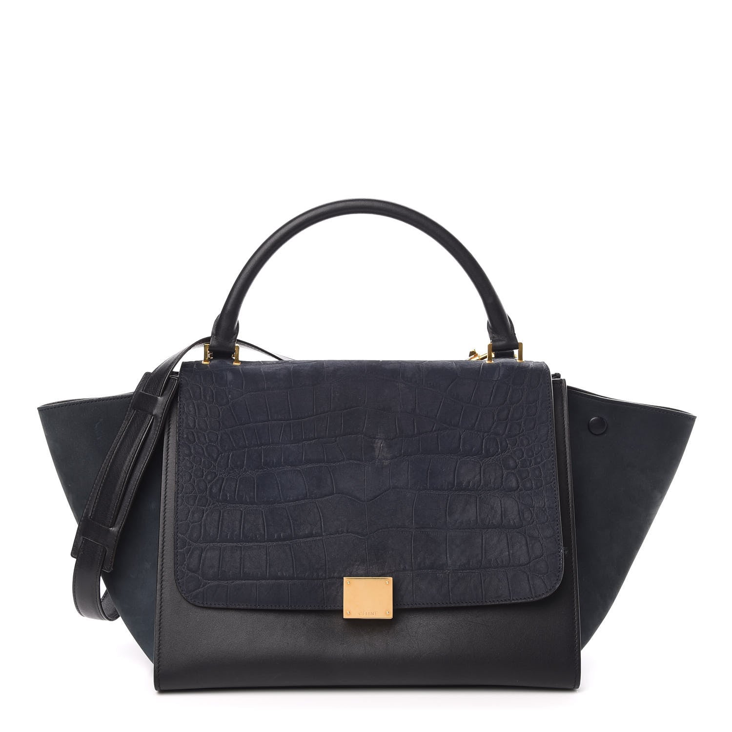 Celine Nubuck Crocodile Embossed Small Trapeze Navy 1 of 11