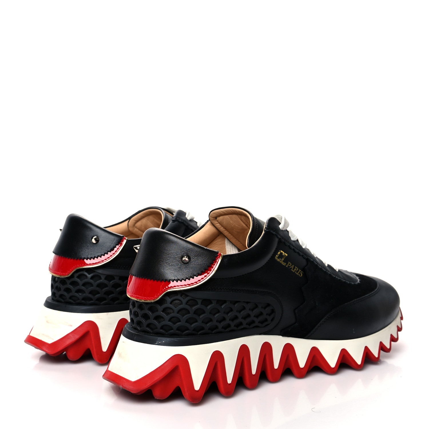 Christian Louboutin Calfskin Suede Patent Womens Loubishark Sneakers 40 Black Loubi Red 4 of 8