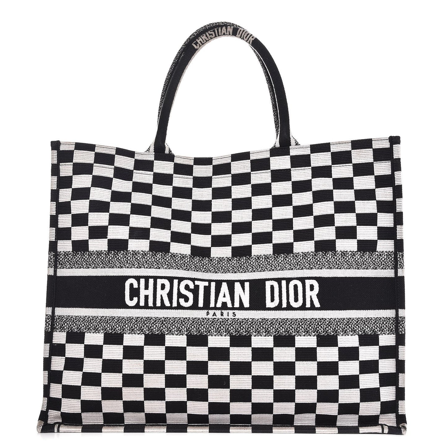 Canvas Embroidered Checkered Book Tote Black White