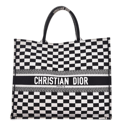 Christian Dior Canvas Embroidered Checkered Book Tote Black White 1 of 12