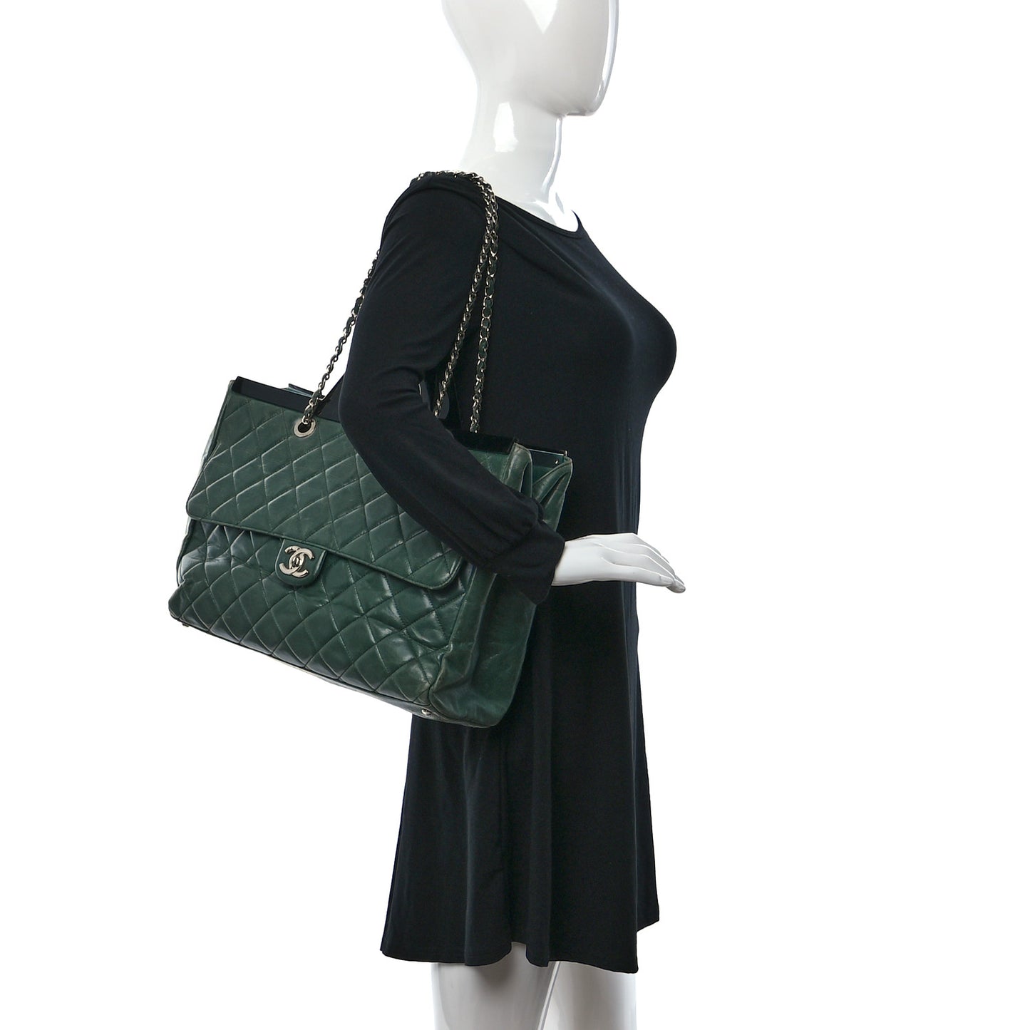 Glazed Calfskin Quilted Large CC Delivery Tote Green