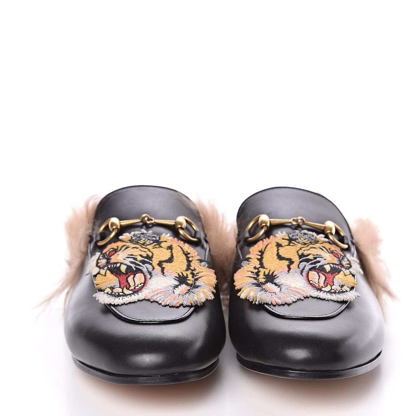 Calfskin Lambswool Tiger Embroidered Womens Princetown Slippers 39.5 Black