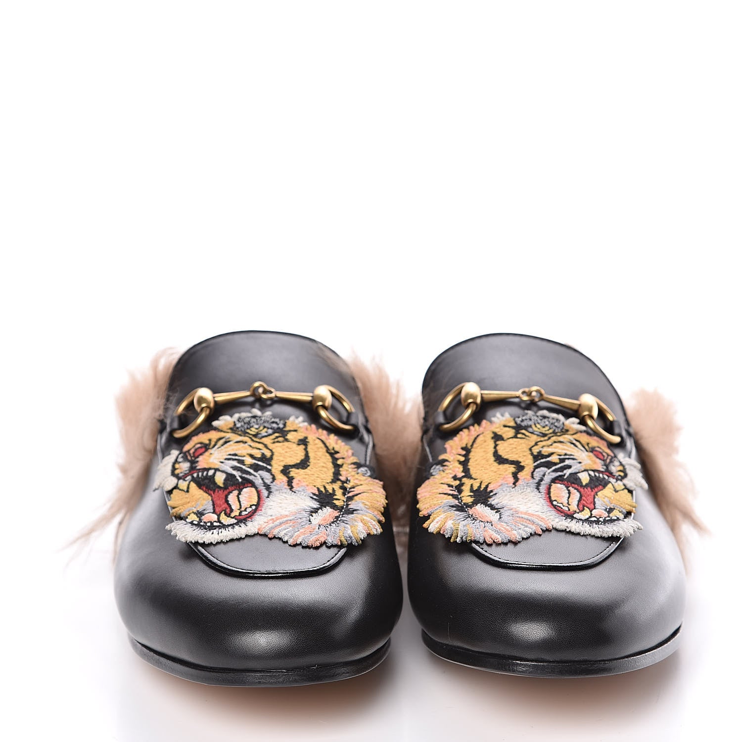 Gucci Calfskin Lambswool Tiger Embroidered Womens Princetown Slippers 39.5 Black 2 of 8