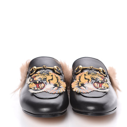Gucci Calfskin Lambswool Tiger Embroidered Womens Princetown Slippers 39.5 Black 2 of 8