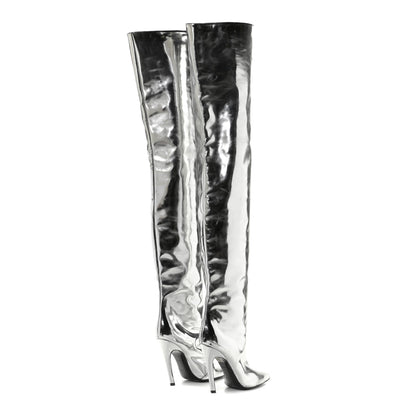 Balenciaga Metallic Calfskin Thigh High Boots 37.5 Silver 4 of 9