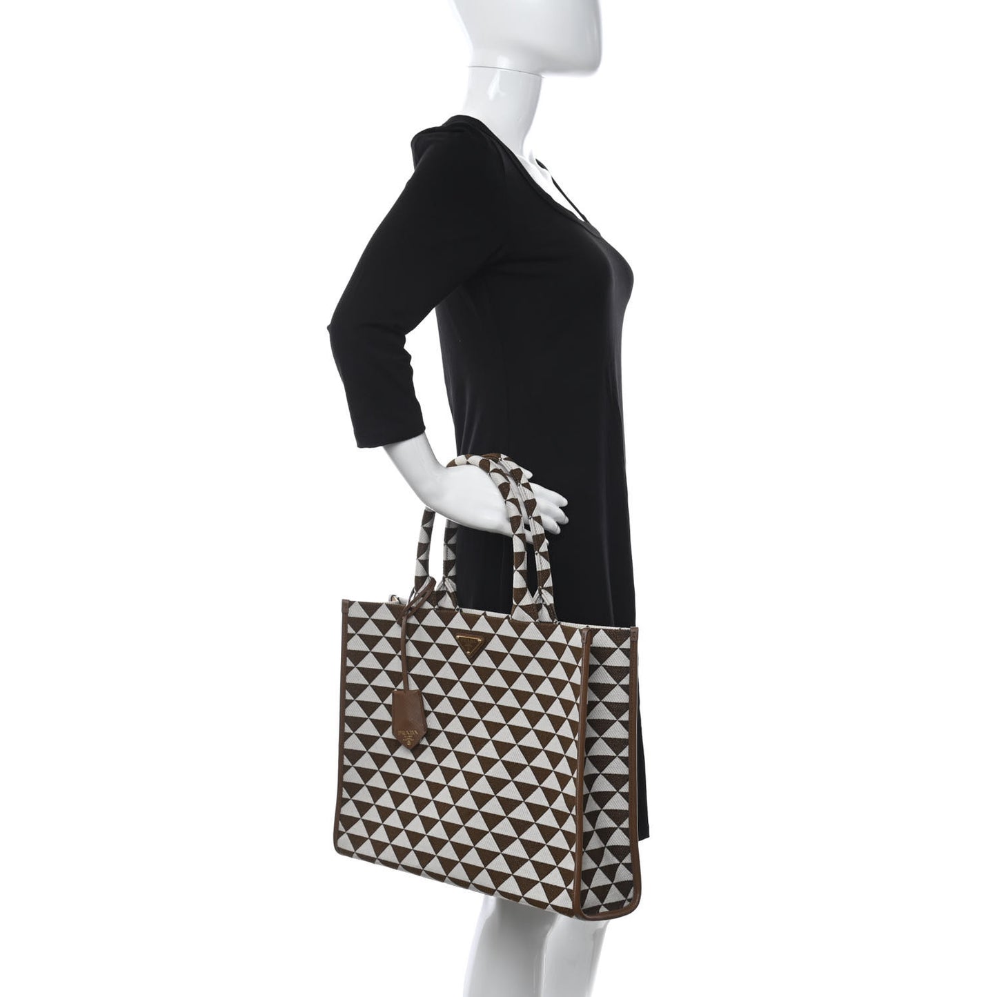 Jacquard Saffiano Triangolo Symbole Embroidered Large Tote Tobacco Talco