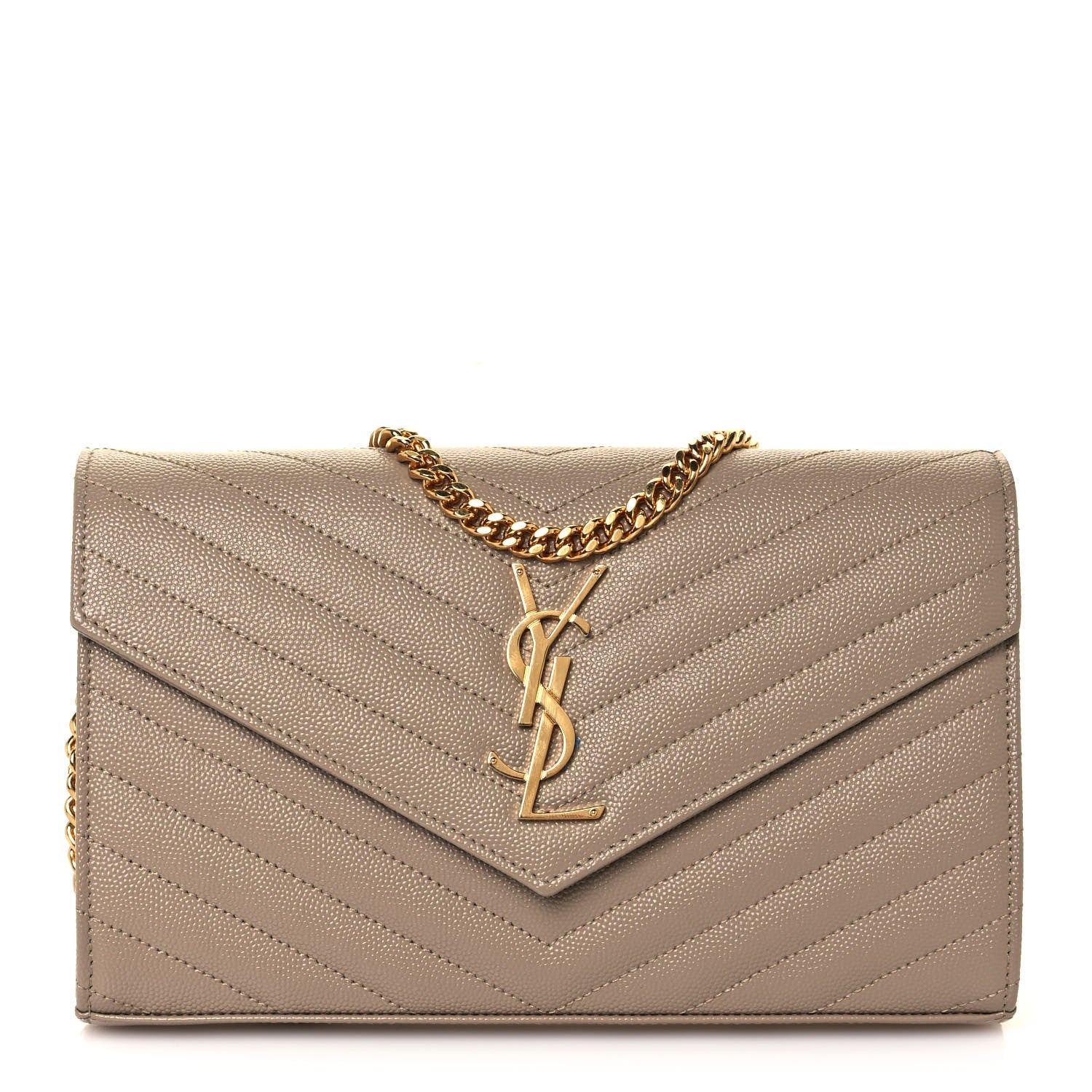 Saint Laurent Grain De Poudre Matelasse Chevron Monogram Chain Wallet Deep Beige 1 of 12