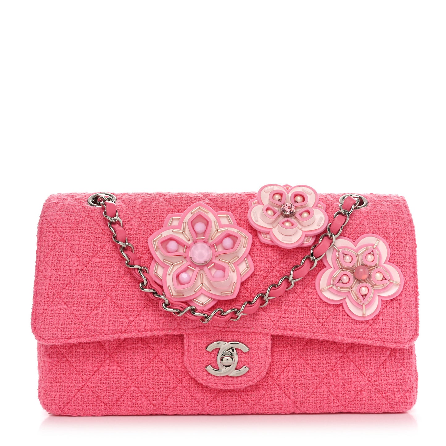 Tweed Crystal Bead Flower Embellished Quilted Medium Double Flap Pink