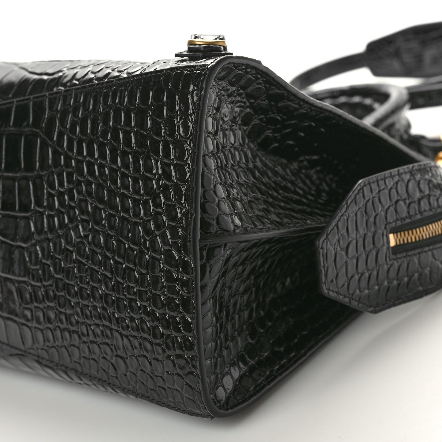 Shiny Supple Calfskin Crocodile Embossed Brass Hardware Neo Classic City Black