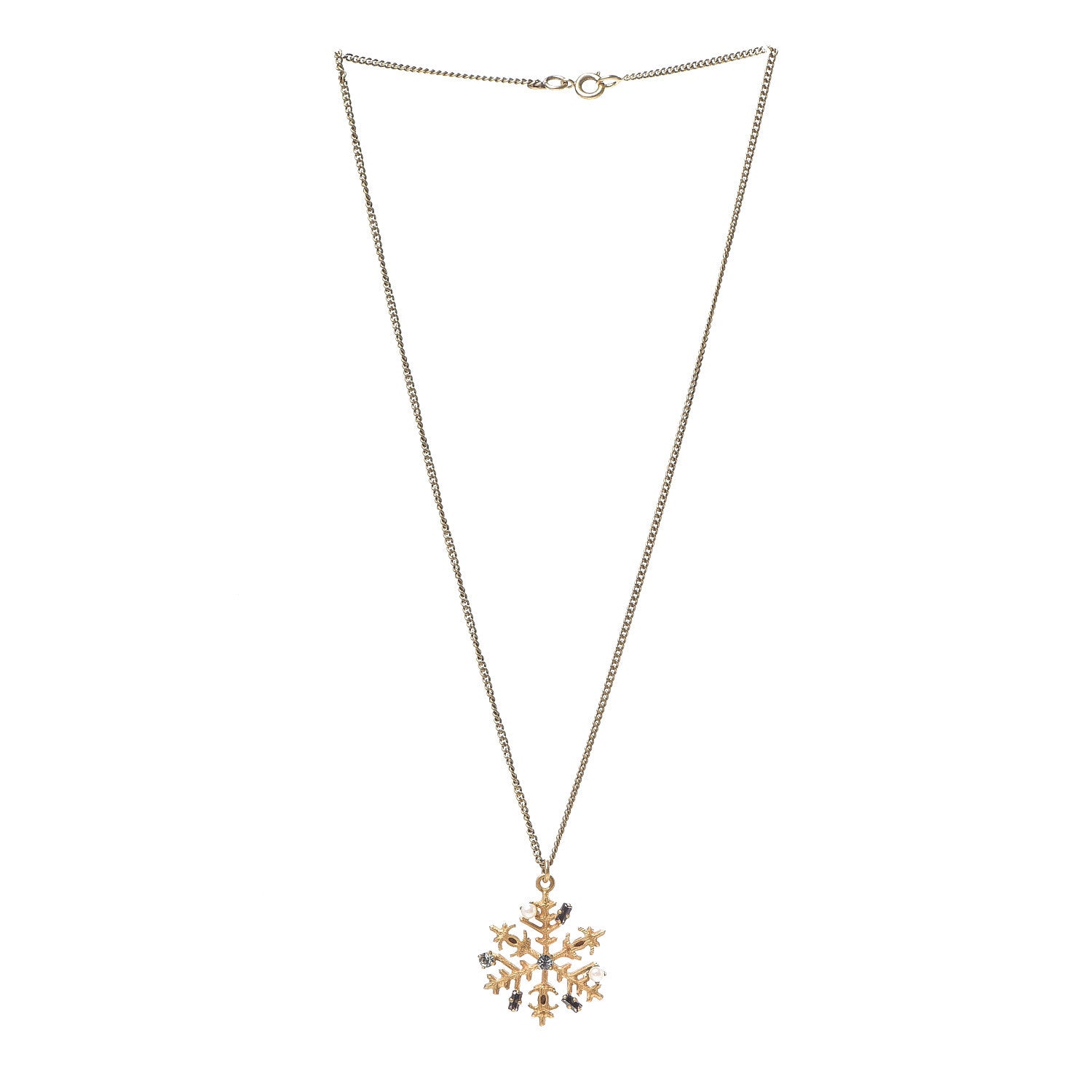 Chanel Crystal Pearl Snowflake CC Pendant Necklace Gold 2 of 4