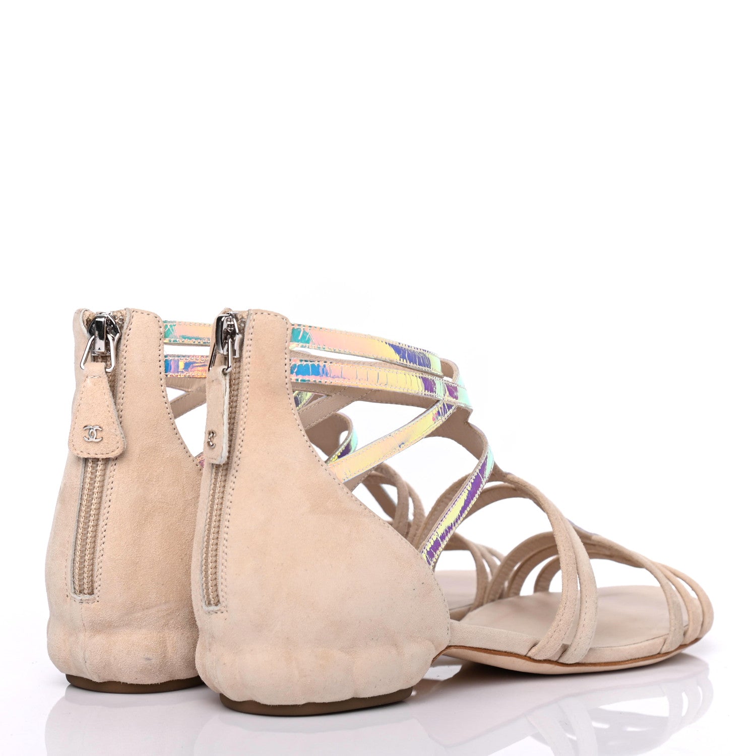 Chanel Suede Iridescent Patent Caged Sandals 37.5 Beige 3 of 4