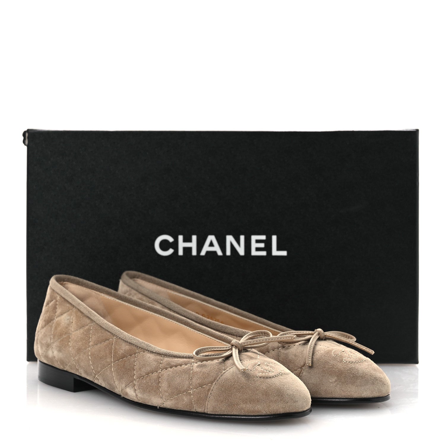 Chanel Suede Calfskin Quilted Cap Toe CC Ballerina Flats 36.5 Dark Beige 12 of 12