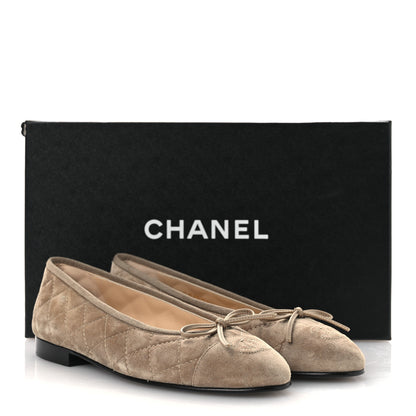 Chanel Suede Calfskin Quilted Cap Toe CC Ballerina Flats 36.5 Dark Beige 12 of 12