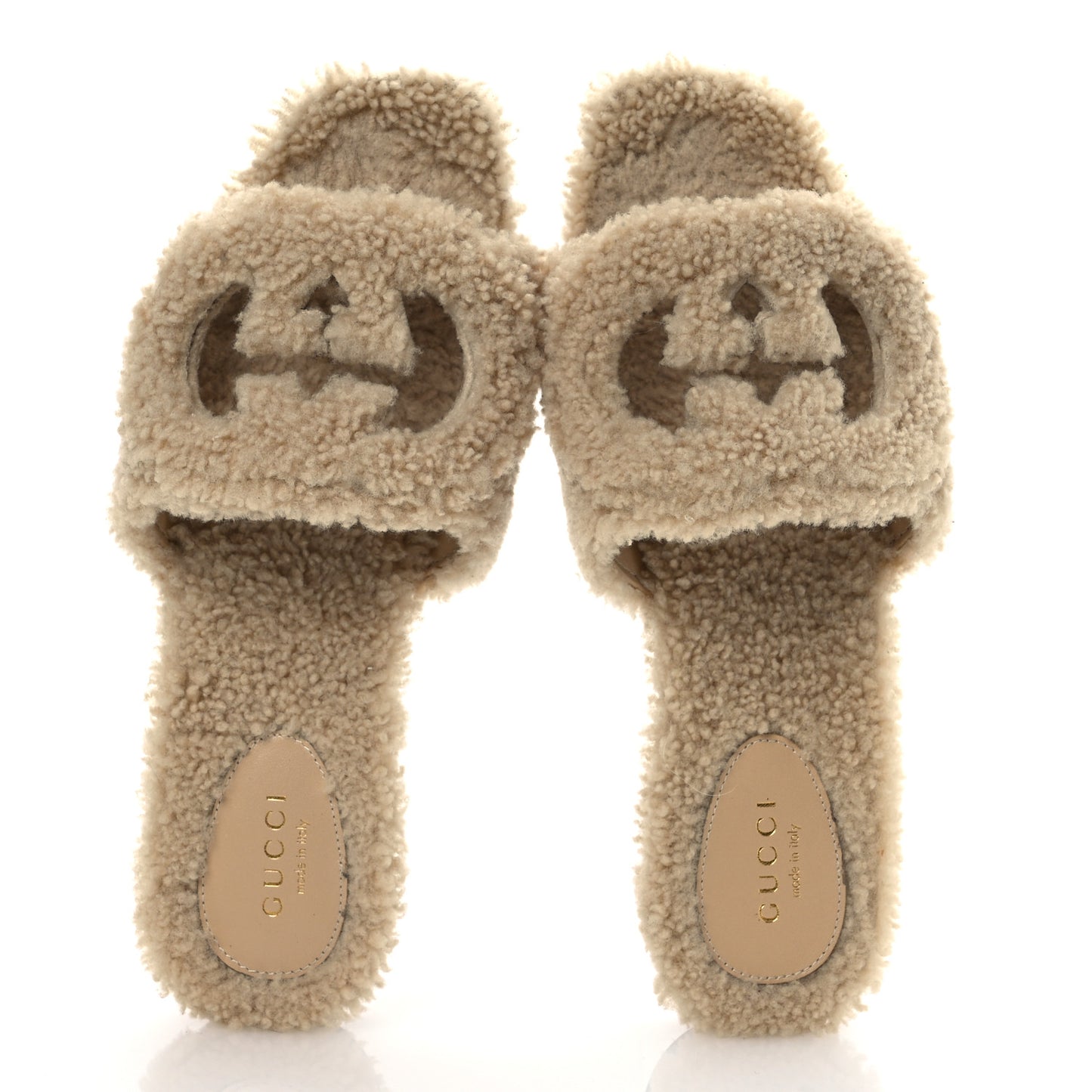 Shearling Interlocking G Cut Out Slide Sandals 36.5 Butterscotch