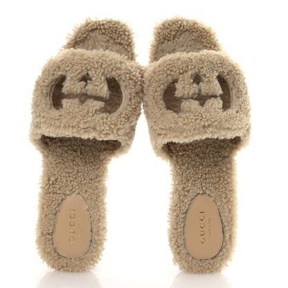 Gucci Shearling Interlocking G Cut Out Slide Sandals 36.5 Butterscotch 2 of 10