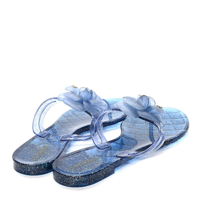 Chanel Jelly Camellia Glitter Thong Sandals 38 Blue 3 of 4