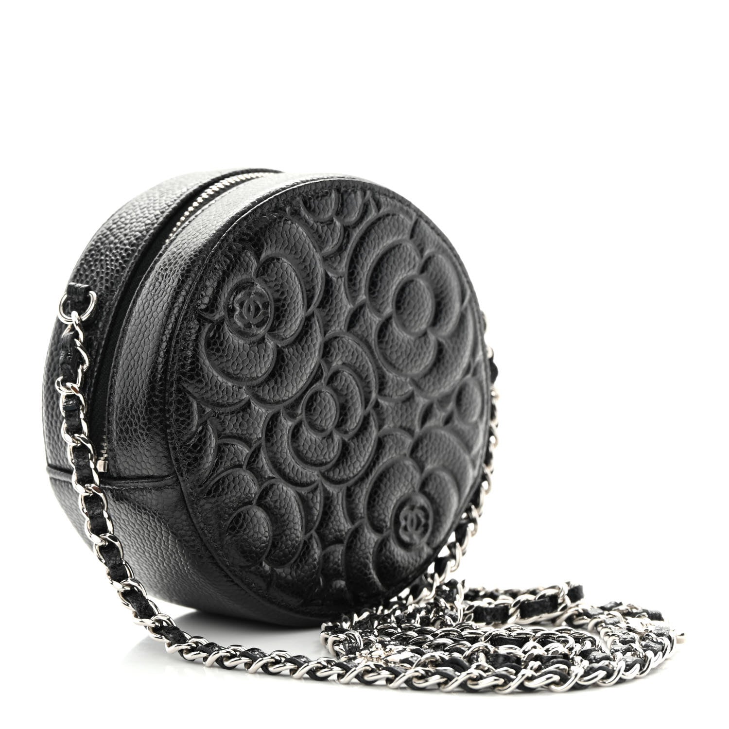 Chanel Caviar Camellia Embossed Round Clutch With Chain Black 3 of 11
