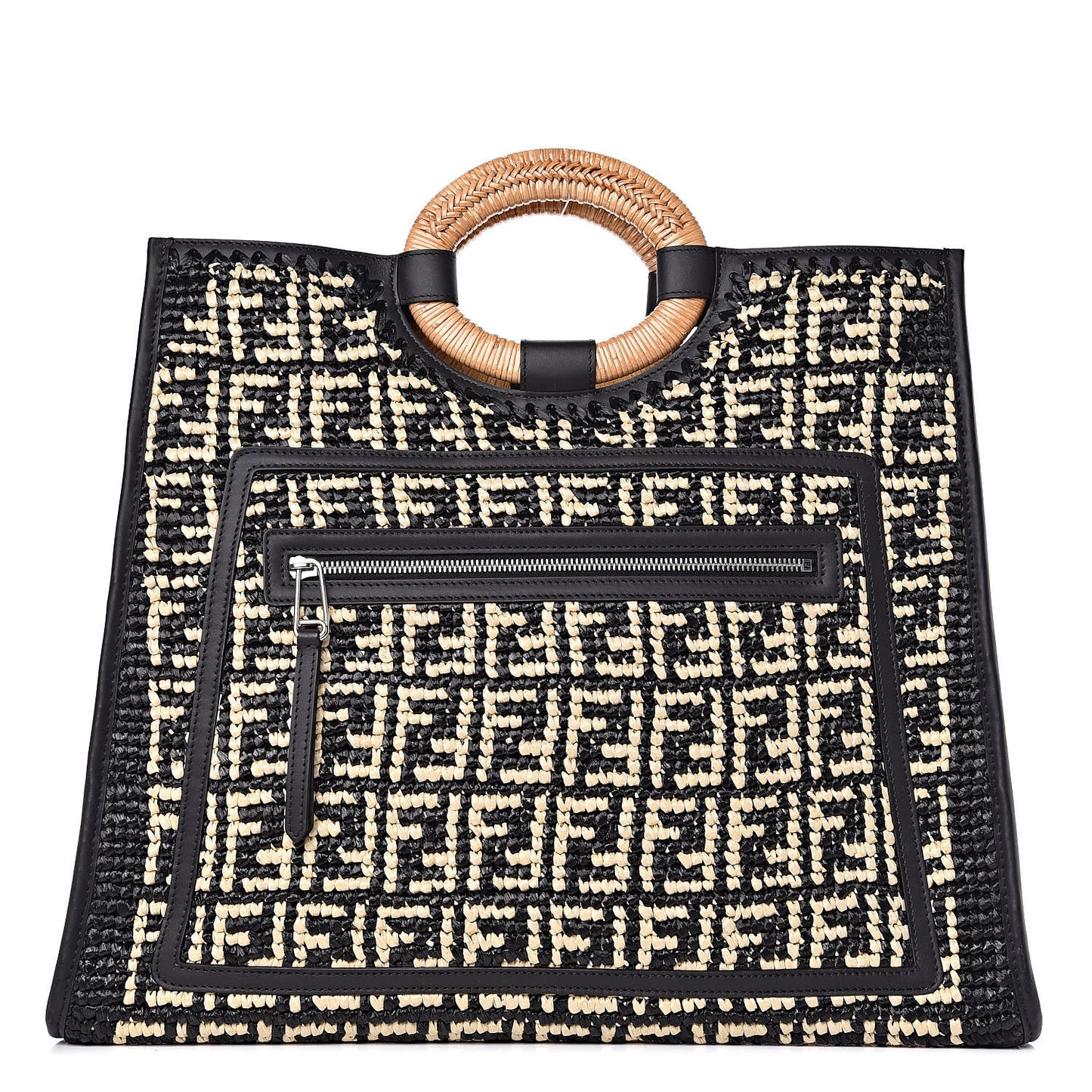 Raffia Vitello Century Wicker FF 1974 Crochet Large Runaway Shopper Tote Natural Black