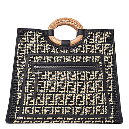 Fendi Raffia Vitello Century Wicker FF 1974 Crochet Large Runaway Shopper Tote Natural Black 1 of 12