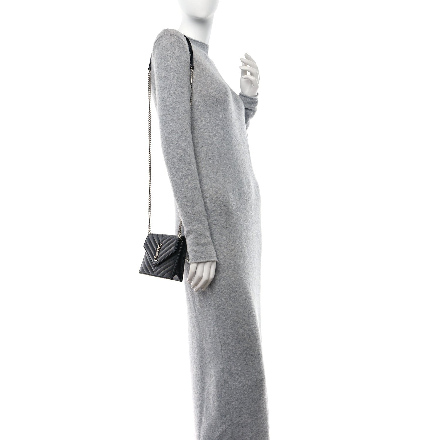Saint Laurent Grain De Poudre Matelasse Chevron Monogram Envelope Chain Wallet Black 2 of 15
