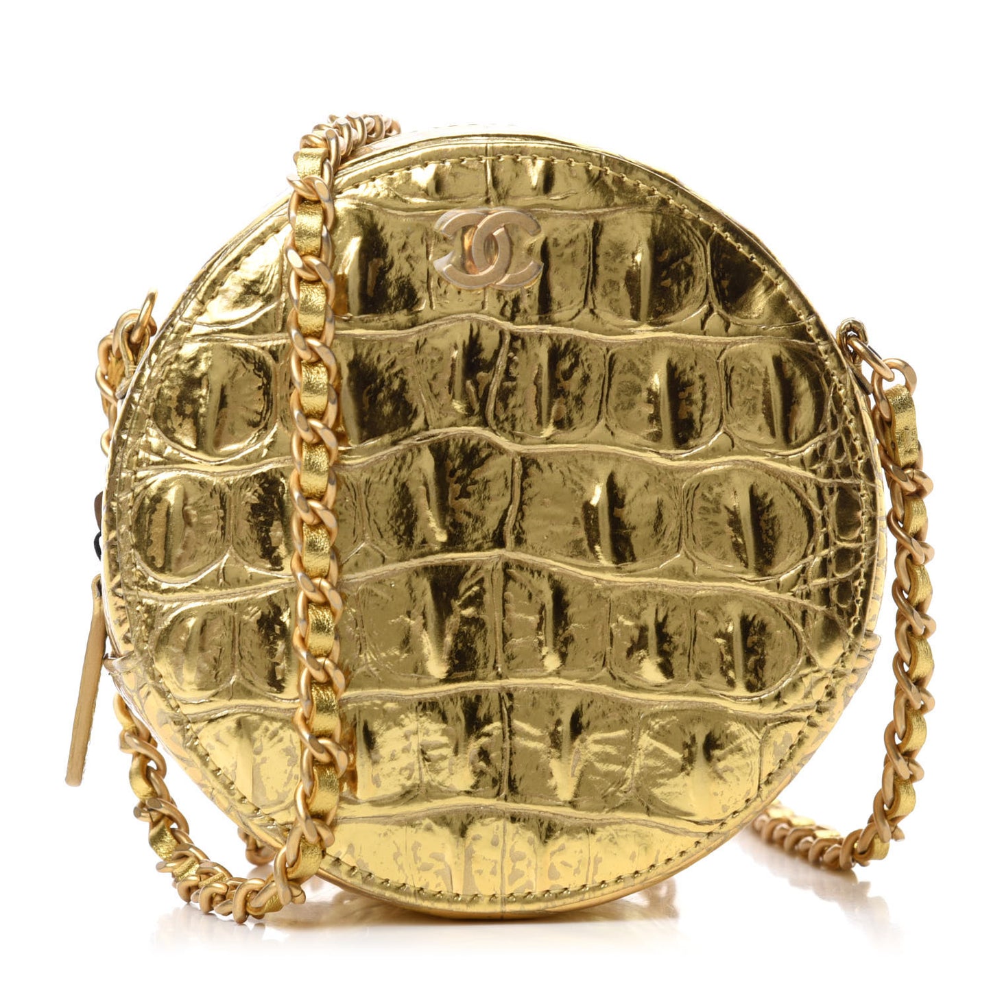Metallic Calfskin Crocodile Embossed Cocodile Round Clutch with Chain Gold