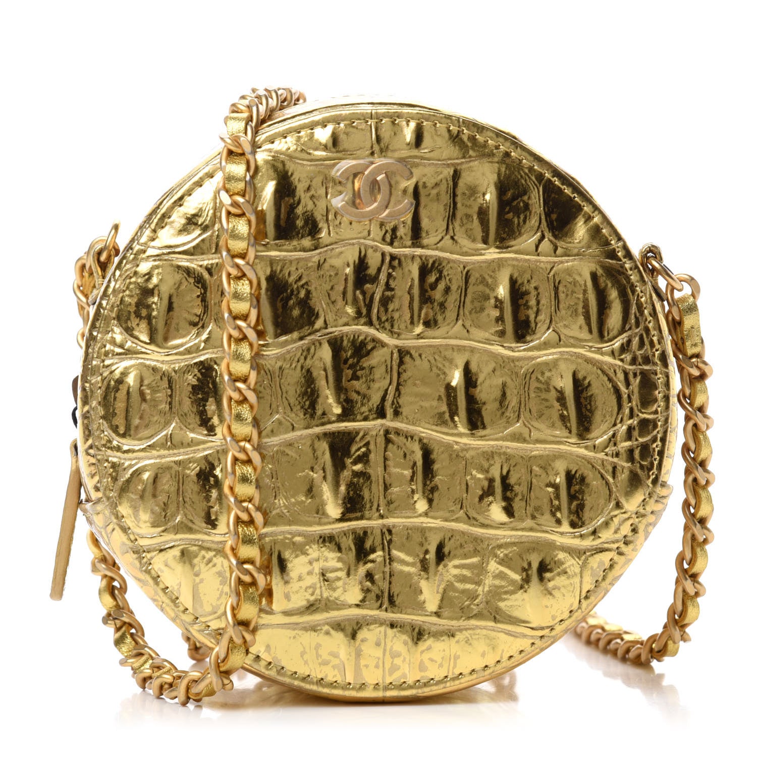 Chanel Metallic Calfskin Crocodile Embossed Cocodile Round Clutch with Chain Gold 1 of 11
