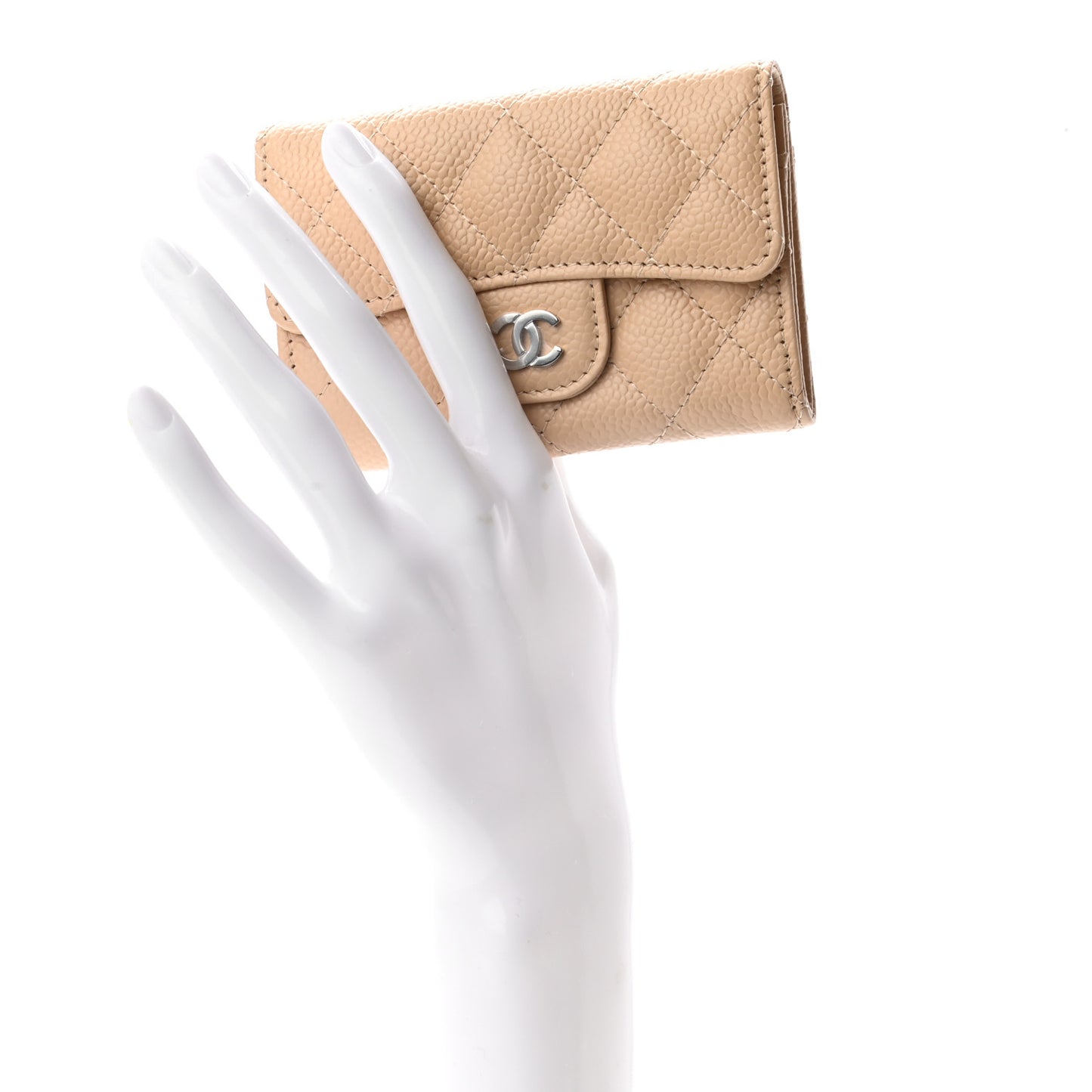 Caviar Quilted Flap Card Holder Wallet Beige