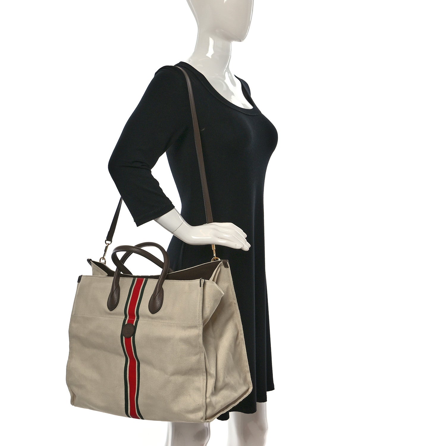 Gucci Linen Heavy Canvas Textured Dollar Calfskin Web Large Retro Interlocking G Foldable Tote Light Beige New Acero 2 of 9