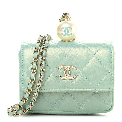 Chanel Iridescent Caviar Quilted Pearl On Top Coin Purse With Chain Light Green 1 of 7