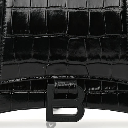 Balenciaga Shiny Calfskin Monochrome Crocodile Embossed Small Hourglass Evening Chain Bag Black 7 of 9