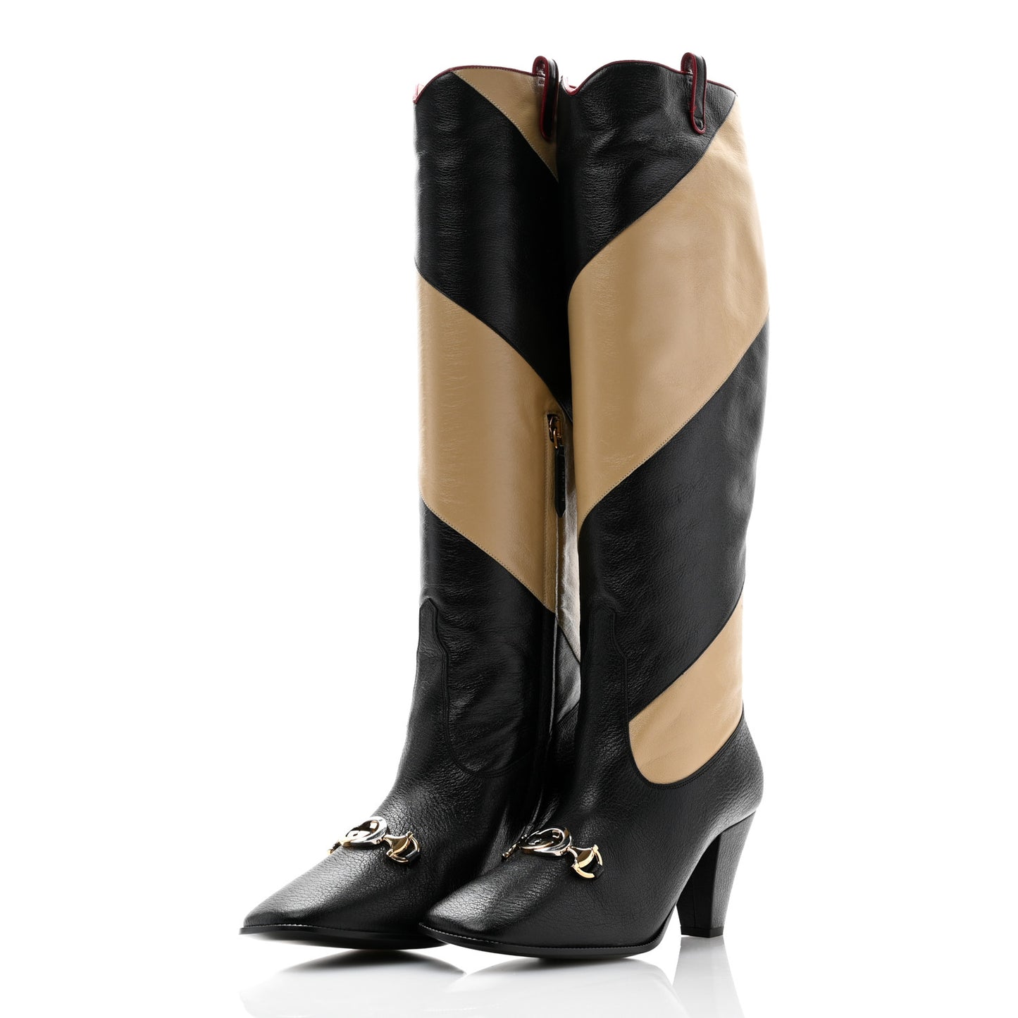 Calfskin Wrinkled Kid Diagonal Striped Zumi Knee Boots 38.5 Black Beige Romantic Cherry