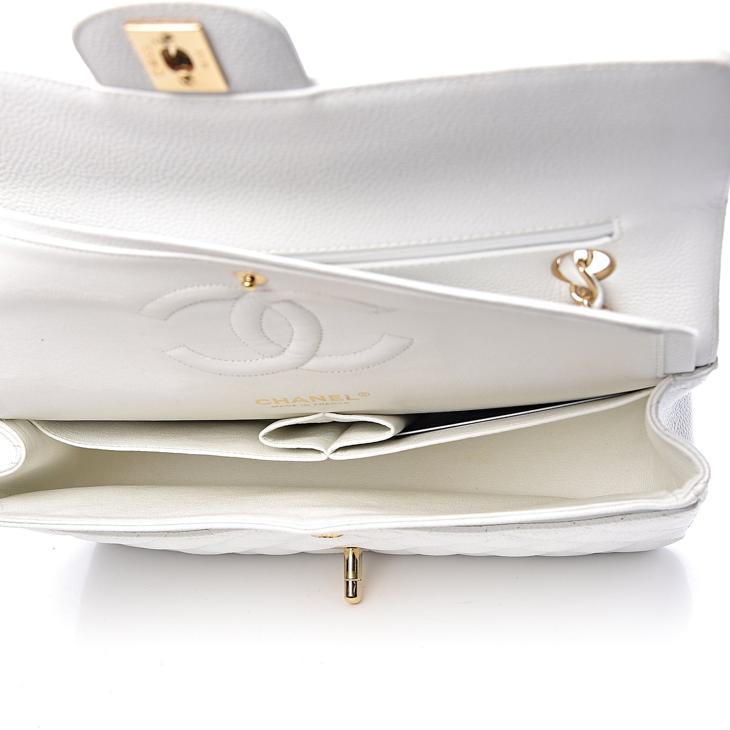 Caviar Quilted Medium Double Flap White