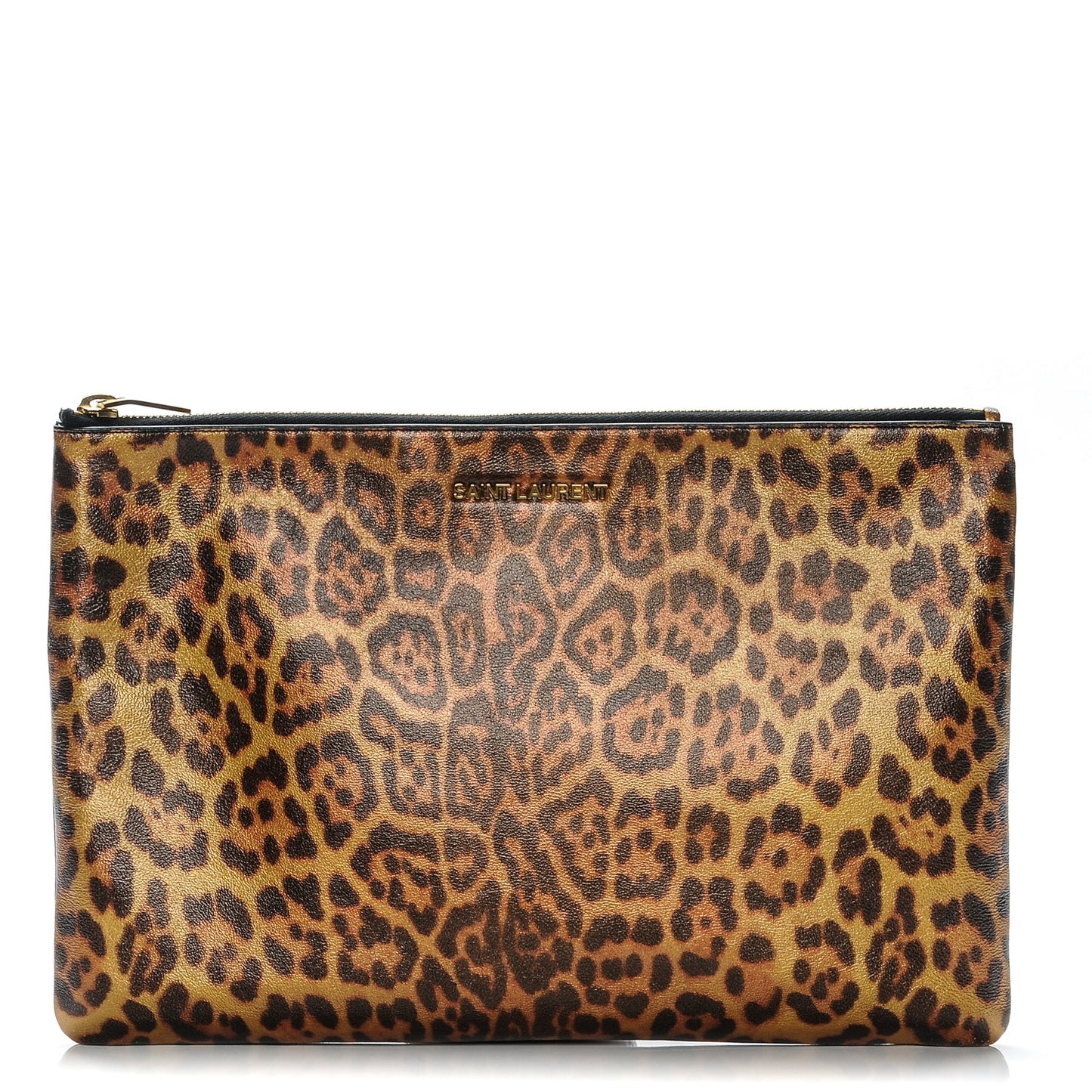 Metallic Calfskin Leopard Printed Letters Monogram Zip Clutch