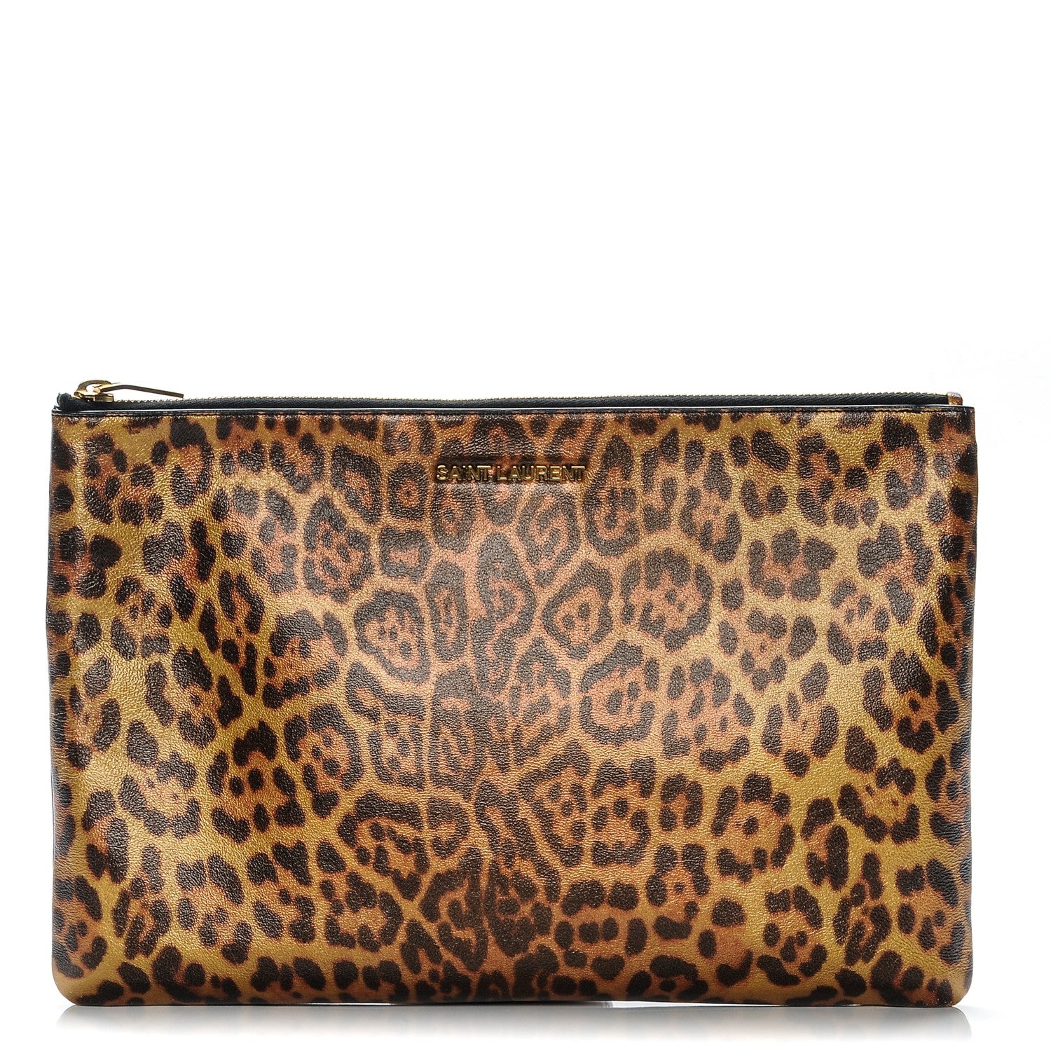 Saint Laurent Metallic Calfskin Leopard Printed Letters Monogram Zip Clutch 1 of 9