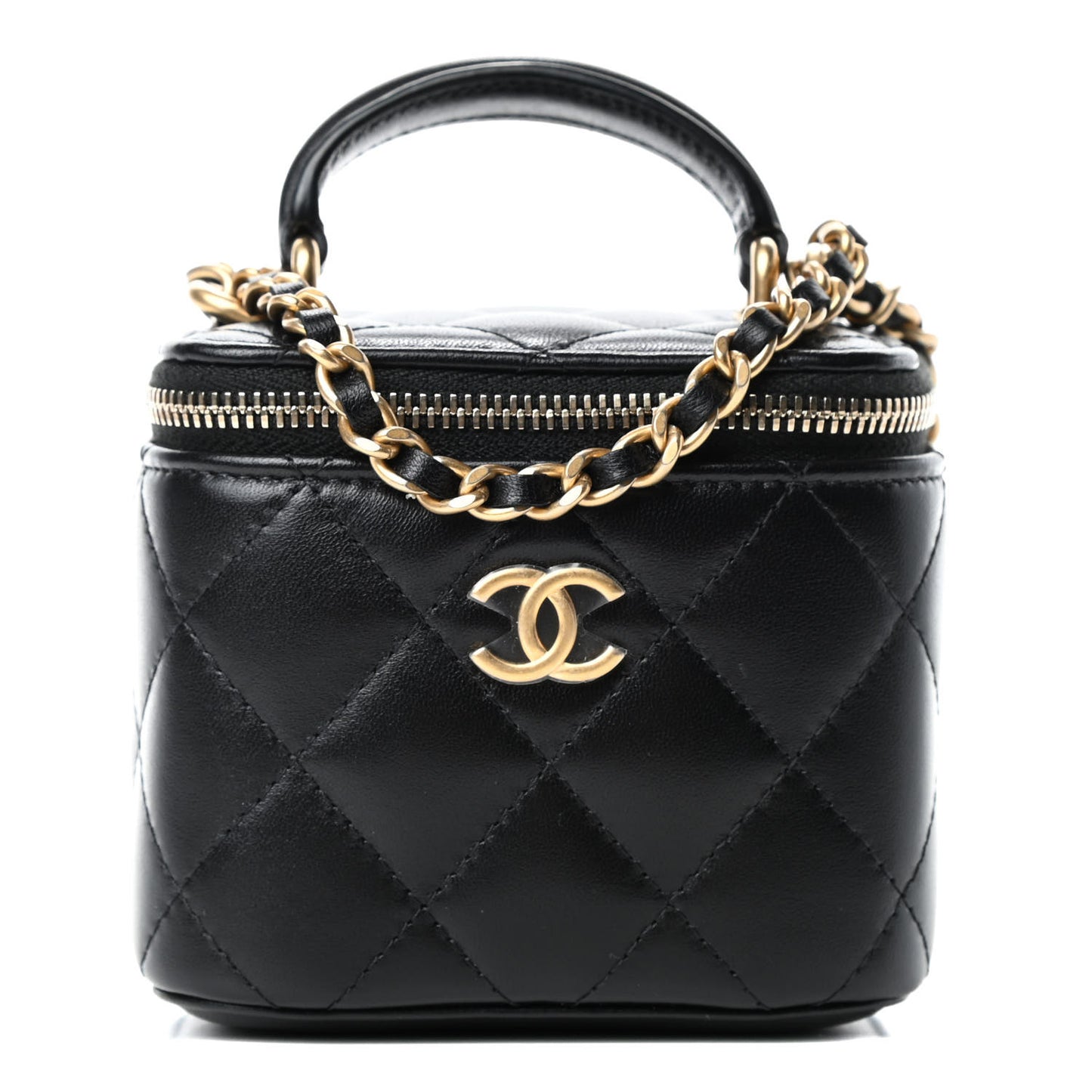 Lambskin Quilted Top Handle Mini Vanity Case With Chain Black