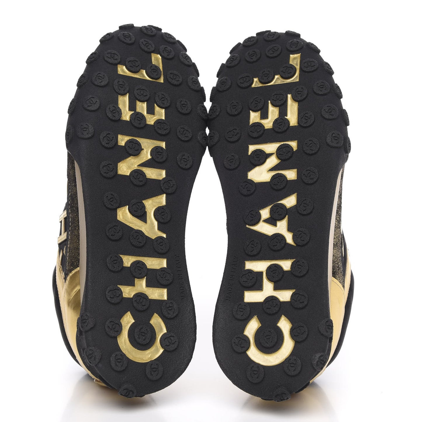 Metallic Lambskin Satin Finish Womens CC Sneakers 39 Black Gold