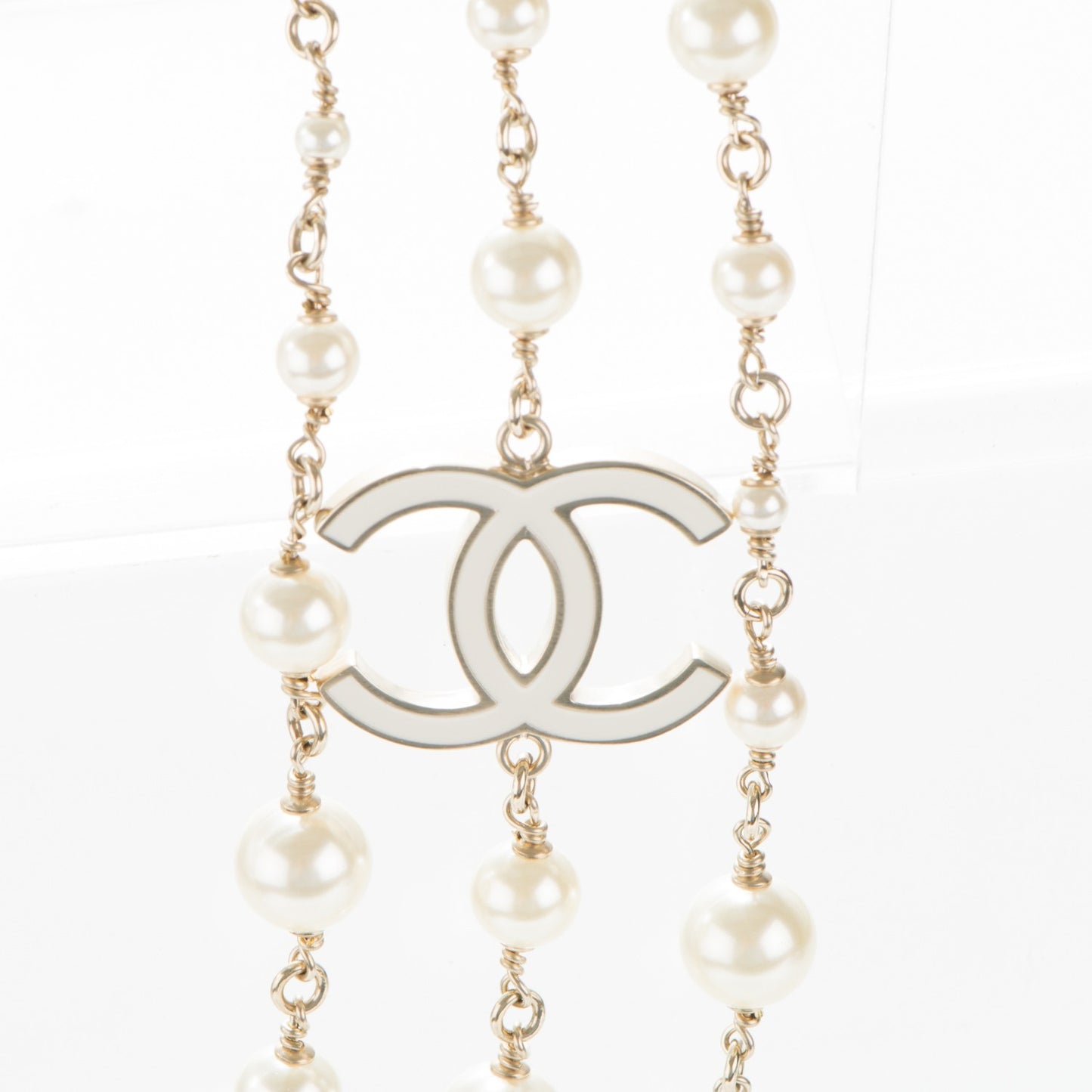 Pearl CC Triple Strand Long Necklace Gold Pearly White