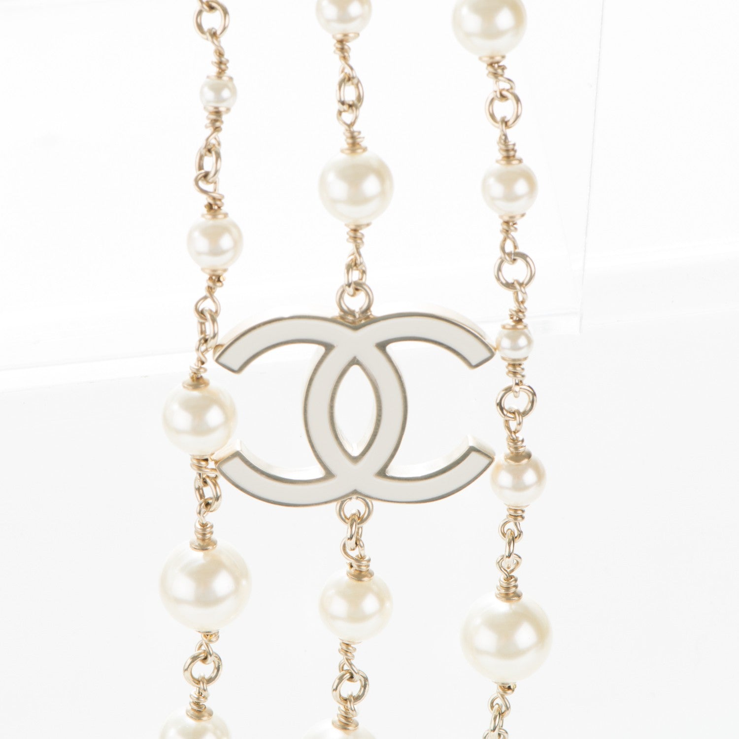 Chanel Pearl CC Triple Strand Long Necklace Gold Pearly White 5 of 6