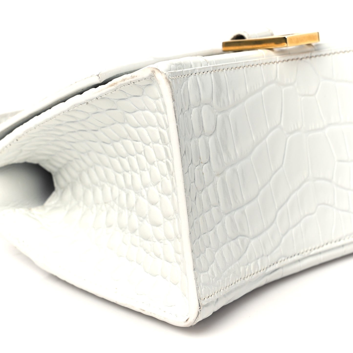Calfskin Crocodile Embossed Small Hourglass Top Handle Bag White