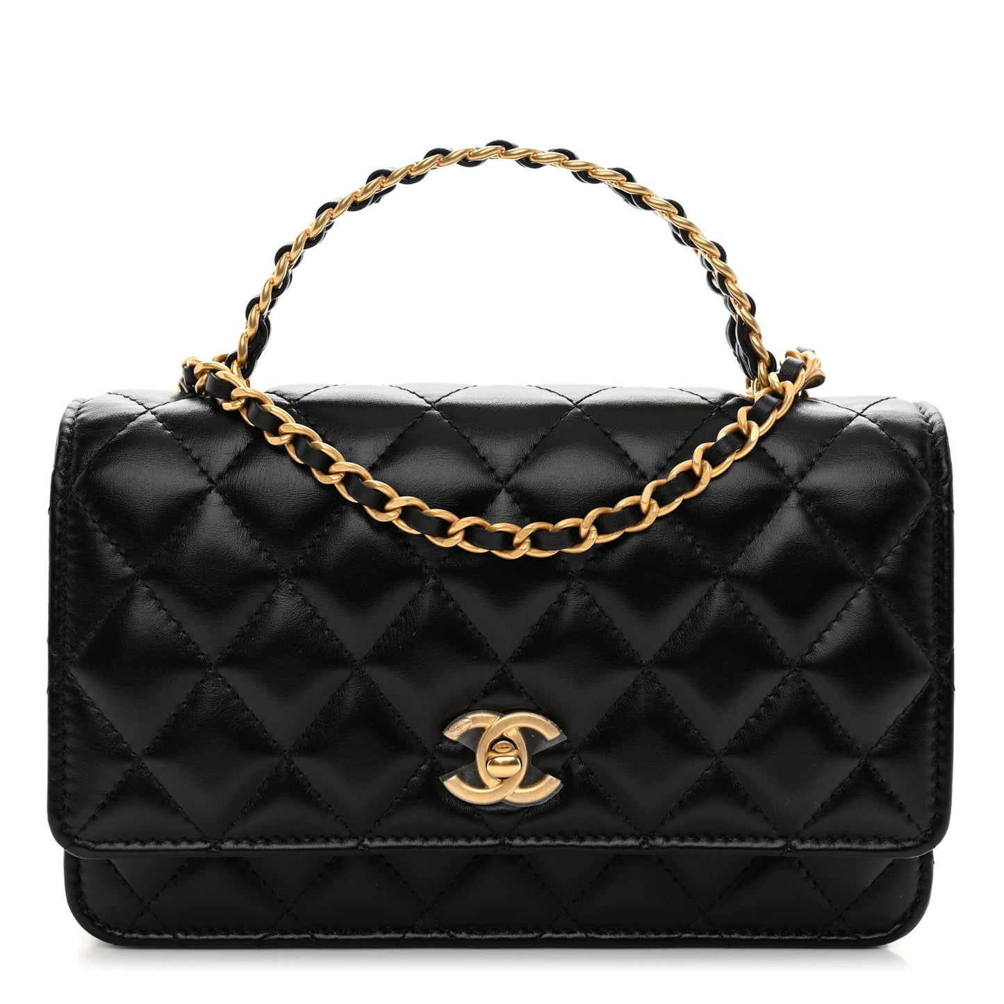 Shiny Calfskin Quilted Metal Top Handle Wallet On Chain WOC Black